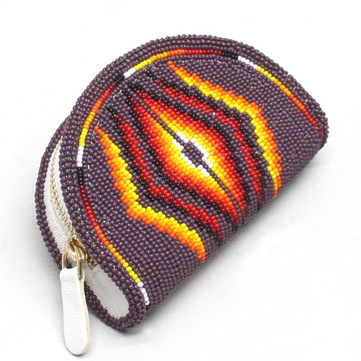 Native Inspired Ethnic Style Seed Bead Beaded Coin Purse (Deep Purple Orange) for wholesale by BEADS CORNER