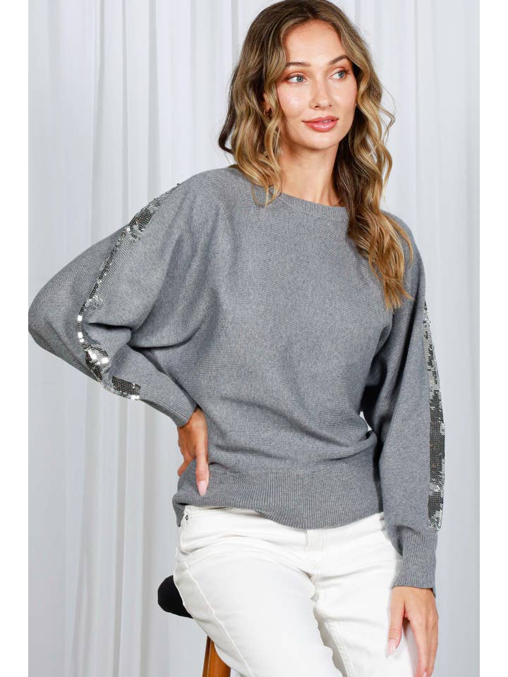Vine & Love - Wholesale Knit Sweater - Women's - Sequin Detail Crew Neck Dolman Knitted Sweater VT820136