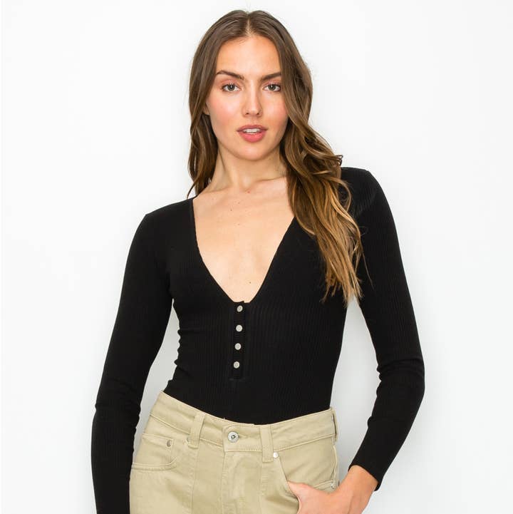 Makers of Dreams - Wholesale Bodysuit - Women's - V-neck Long Sleeve Snap Button Cotton Rib Bodysuit (Black)