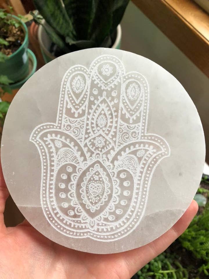 Hamsa Hand Etched Selenite Charging Plate for wholesale by CrystalsAhoy