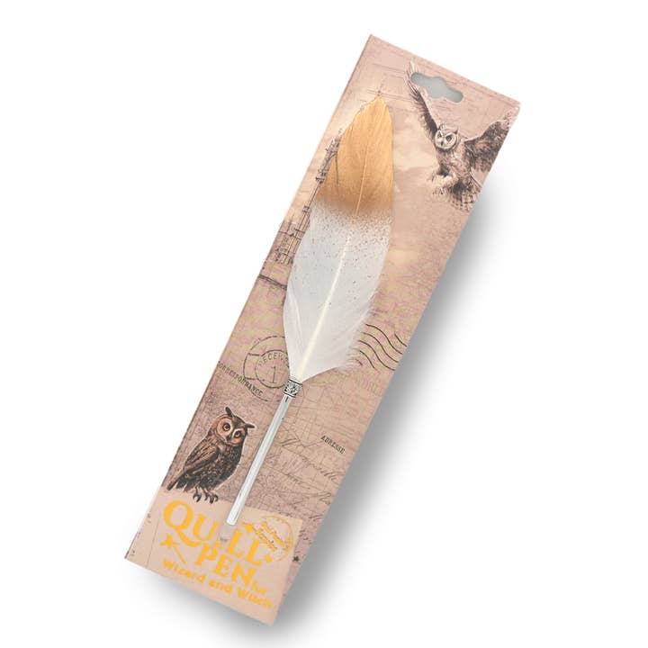 Pack x10 Quill Ball Pen On Backing Card - White&Gold for wholesale by Mad Witch Ltd