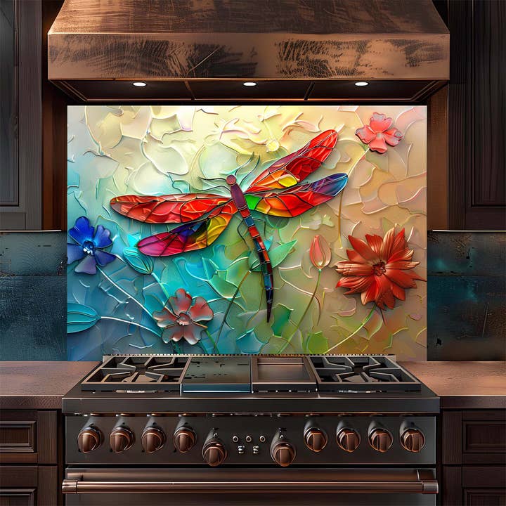 Revestimento de Cozinha Personalizado – Revestimento de Vidro Temperado para Fogão com Libélula Arco-Íris por atacado de Glass Kitchen Backsplash