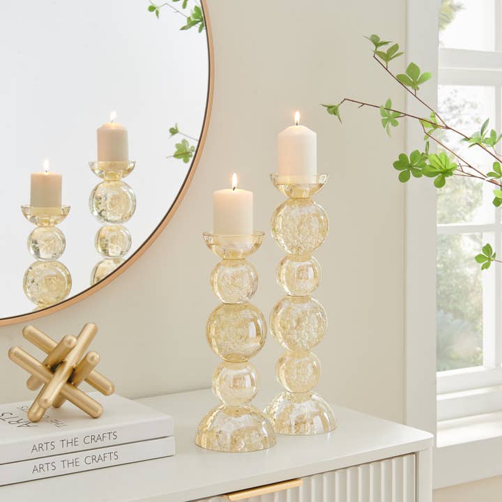 Danya B - Wholesale Candle Holder - Enya Champagne Gold Bubble Glass Orb Candle Holder Set of 2