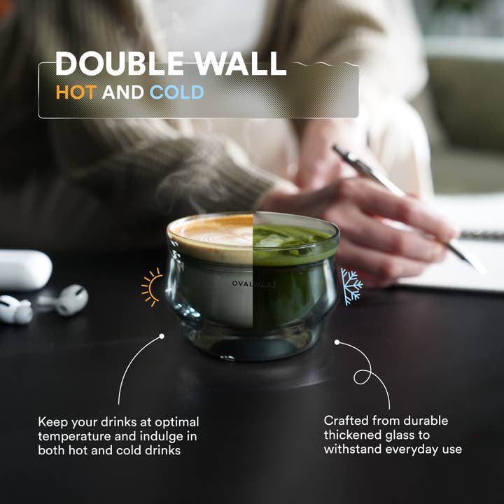 Ovalware - Wholesale Coffee/Tea Cup - Double Wall Latte Master Glass | Stealth Gray | 250mL | 8.5oz | Set of 26