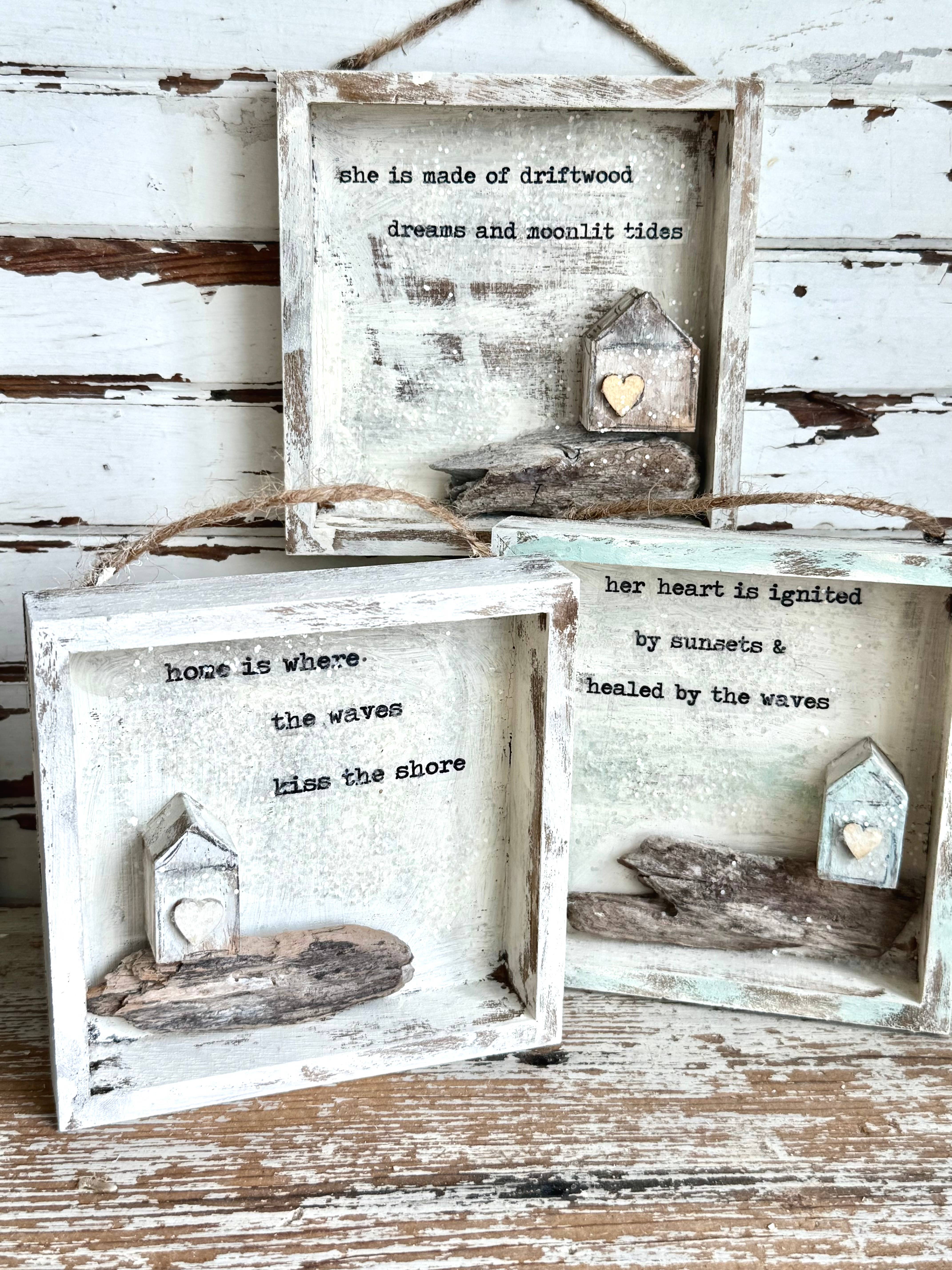 UnfiniSHEd - Wholesale Wall Sign - Driftwood Tiny House art shadowbox : Waves Kiss shore 2