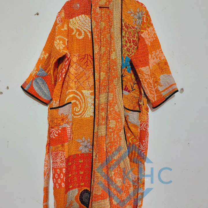 Indian Handmade Vintage Kantha Kimono Robe, Orange Patchwork One Size Robe for wholesale by KHC