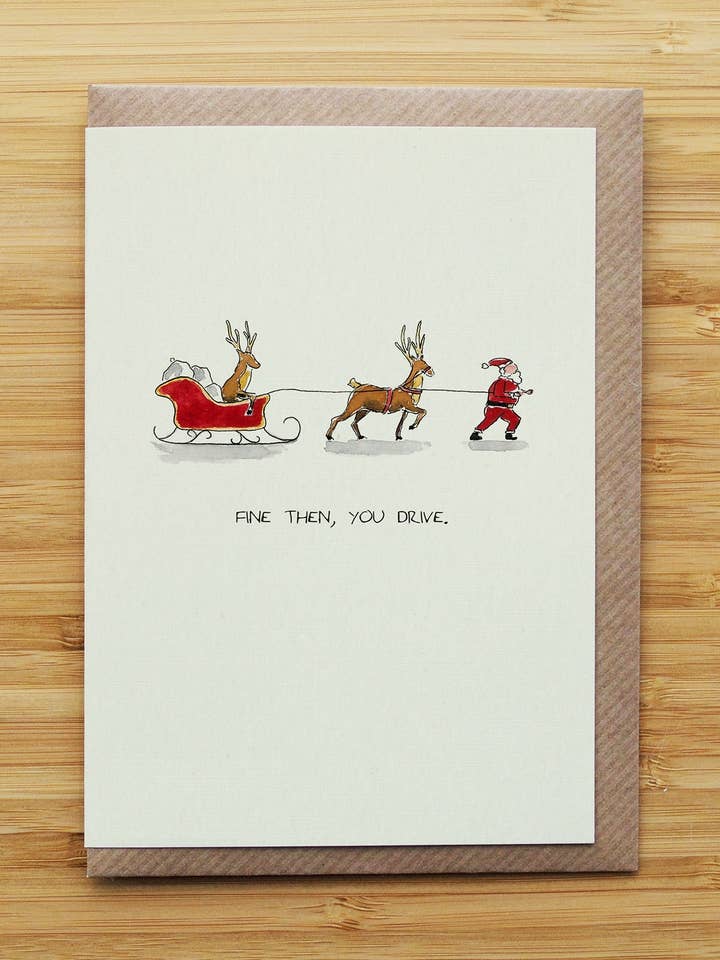 Julemanden Kører Julekort - Sjovt - Genbrugskort for engroshandel hos RossJDesigns