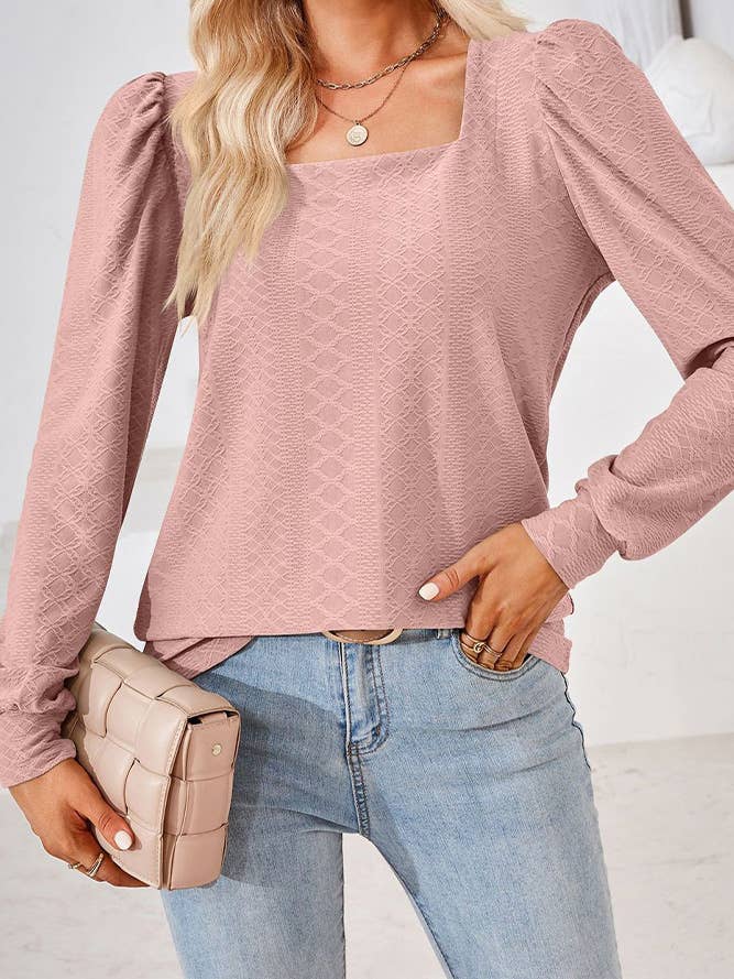 Comely Fashion - Wholesale Blouse - Women's - CF-HLL106 Square Neck Solid Jacquard Tshirt Long Sleeves Top14