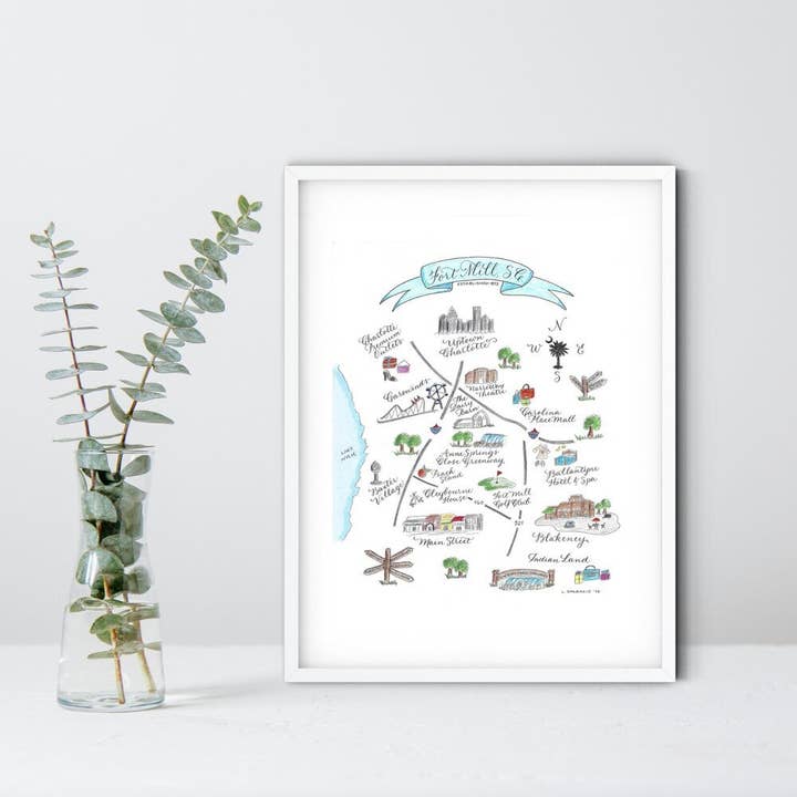 Fort Mill, SC Matted Map Print for wholesale by The Write Occasion Calligraphy