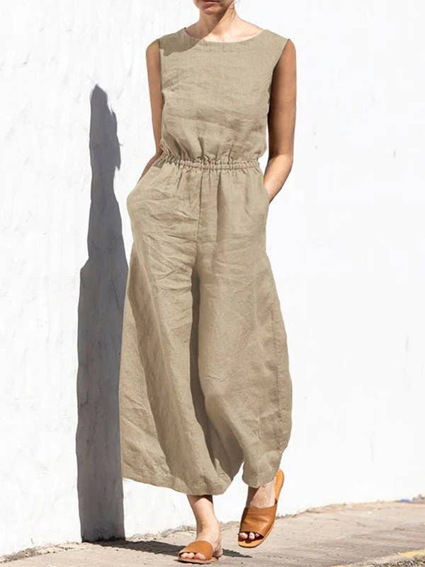 Plush Looks - Wholesale Jumpsuit - Women's - Sleeveless Wide Leg Round-Neck Jumpsuit