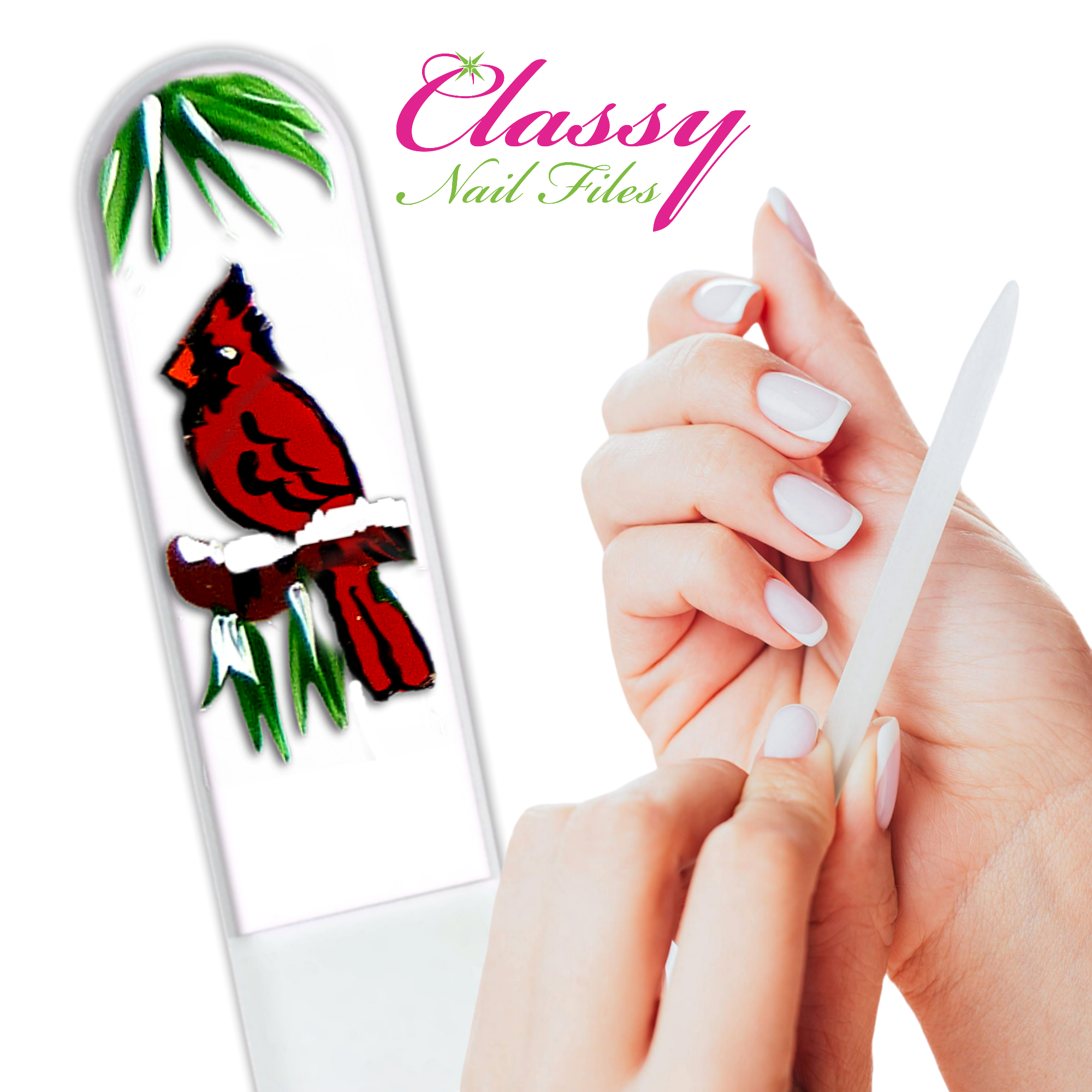 Classy Nail Files – Lima de unhas por atacado – Lima de Unhas de Cristal Checa Pintada à Mão com Pássaro Cardinal e Neve3