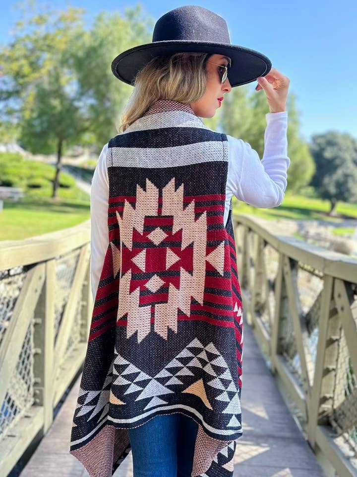 Black Western Aztec Printed Open Front Knitted Cowl Vest for wholesale on Faire1