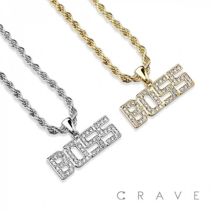 RHODIUM GEM PAVED "BOSS" HIP HOP BLING ALLOY PENDANT WITH CHAIN for wholesale on Faire