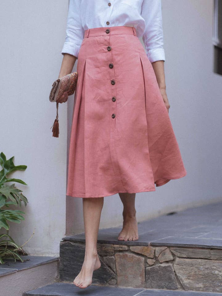 Saia em linha A com botão de linho na frente por atacado de Drishya Linen