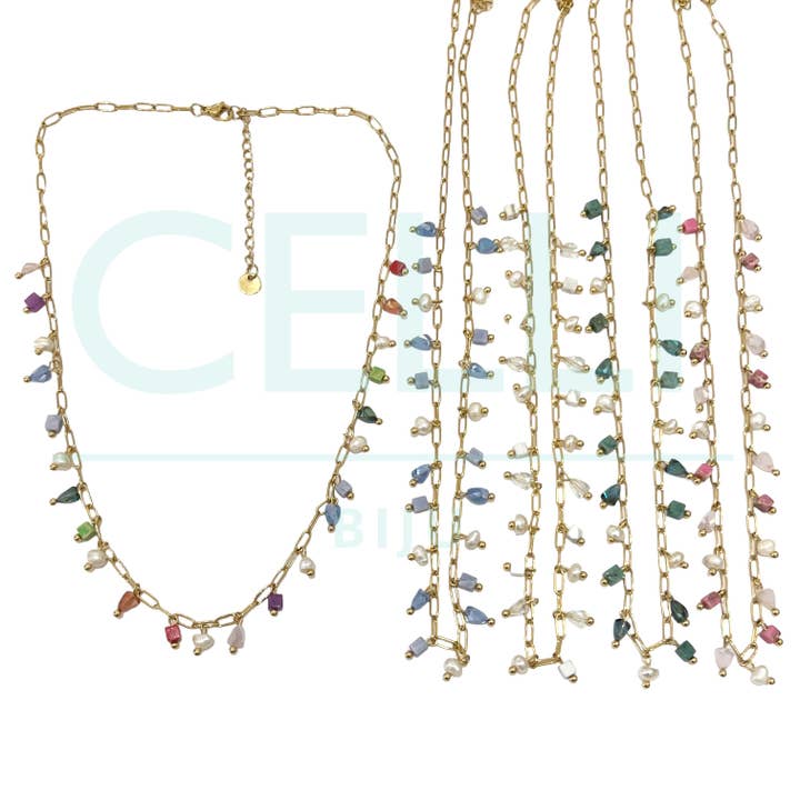 Collana in acciaio con perle d'acqua dolce, pietra naturale e cristalli sfaccettati per la vendita all'ingrosso da parte di Celli Biju