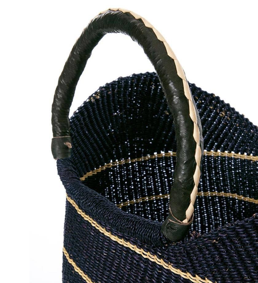The African Home Goods - Wholesale Beach Bag - Midnight Blue U-Shopper Ghana Beach Tote Bag/Basket with Black Leather Handles1