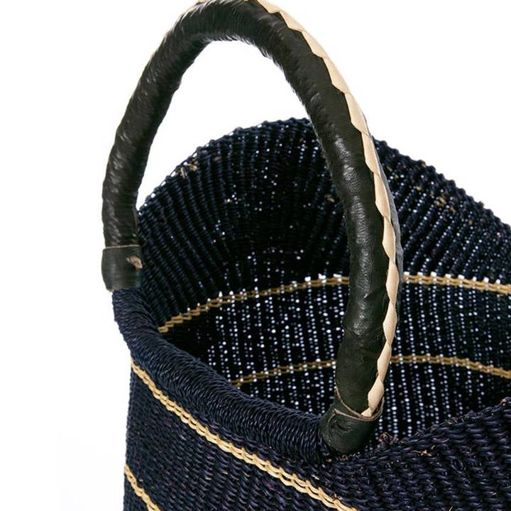 The African Home Goods - Wholesale Beach Bag - Midnight Blue U-Shopper Ghana Beach Tote Bag/Basket with Black Leather Handles1