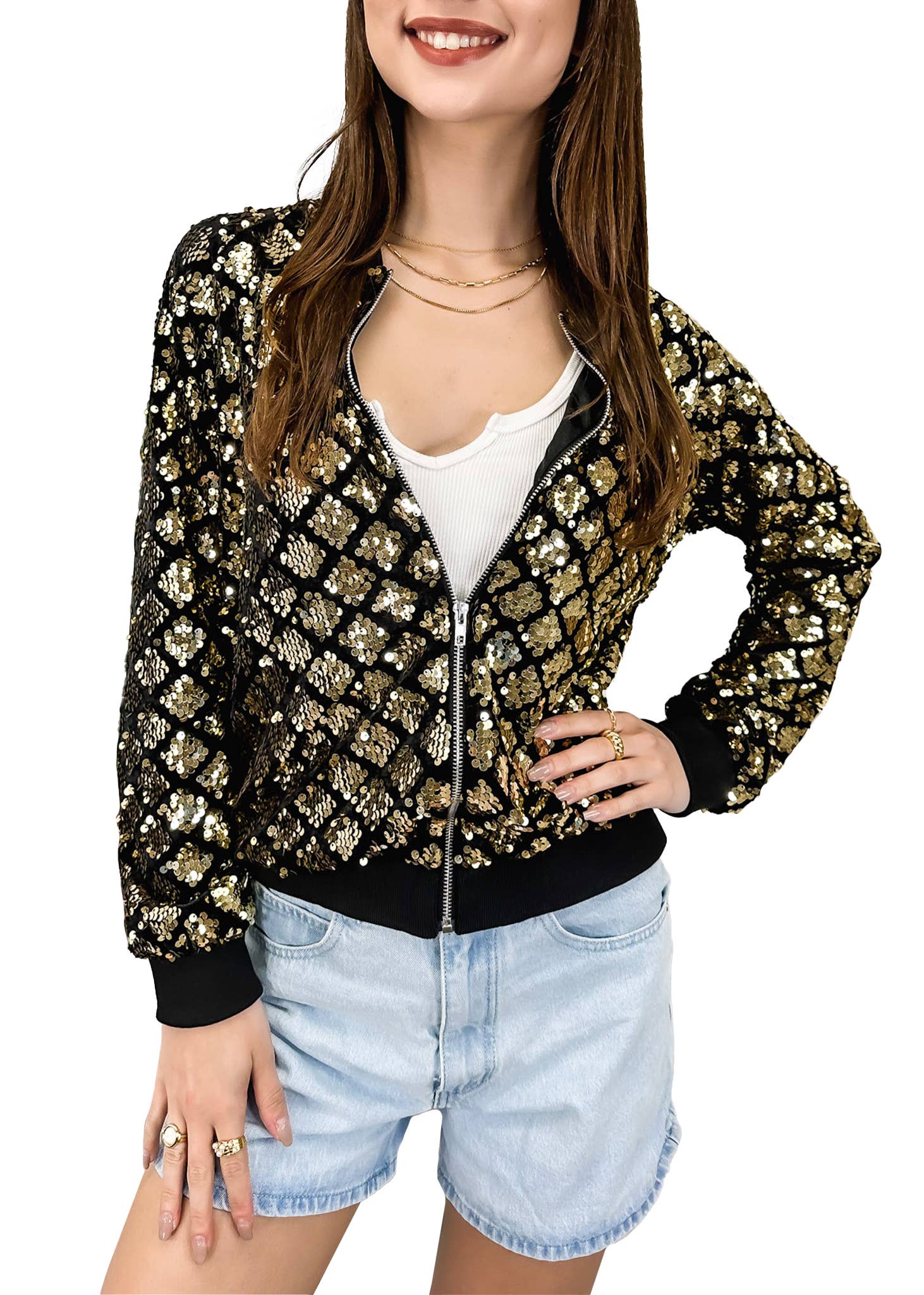 Anna Kaci Wholesale - Wholesale Varsity/Baseball Jacket - Women's - Striped Metallic Sequin Varsity Jacket92