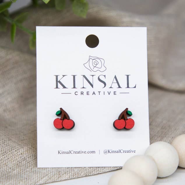 Kinsal Creative - Wholesale Stud/Post Earrings - Cherry Wood Stud Earrings