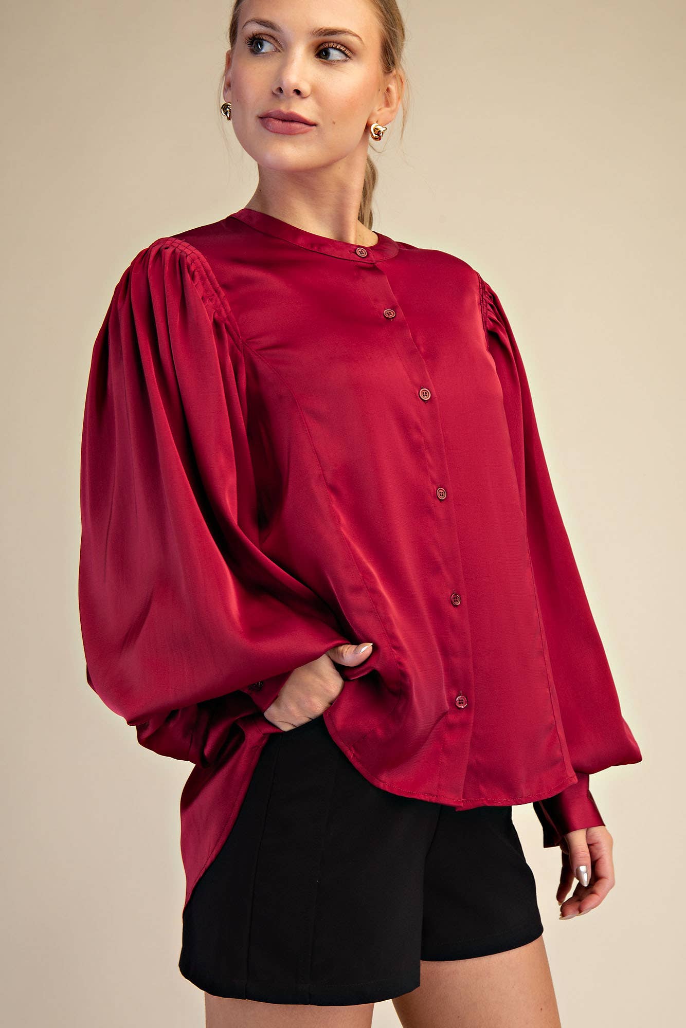 Glam - Wholesale Blouse - Women's - Round Neck Button Down Puff Long Sleeve Satin Top12