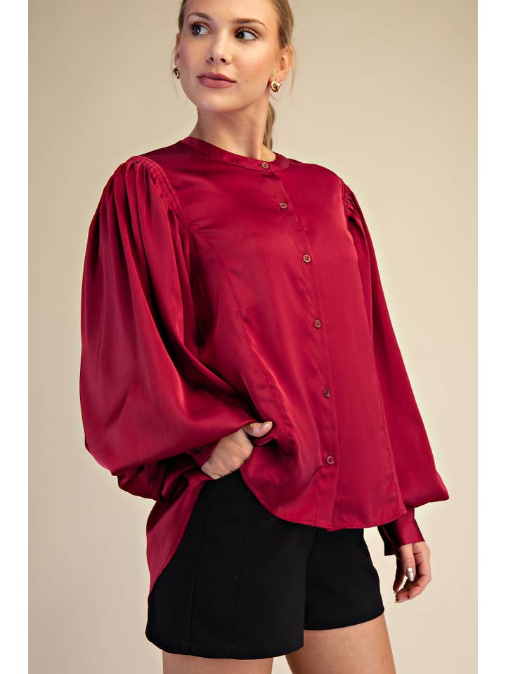 Glam - Wholesale Blouse - Women's - Round Neck Button Down Puff Long Sleeve Satin Top12