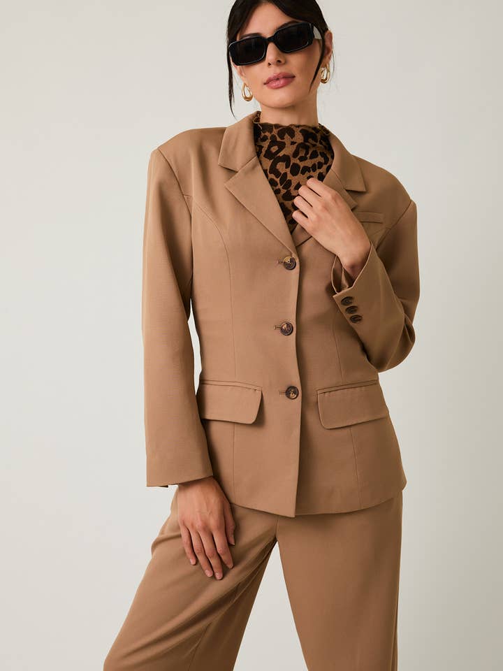TAUPE STRUCTURED SHOULDER FIT & FLARE BLAZER for wholesale on Faire8