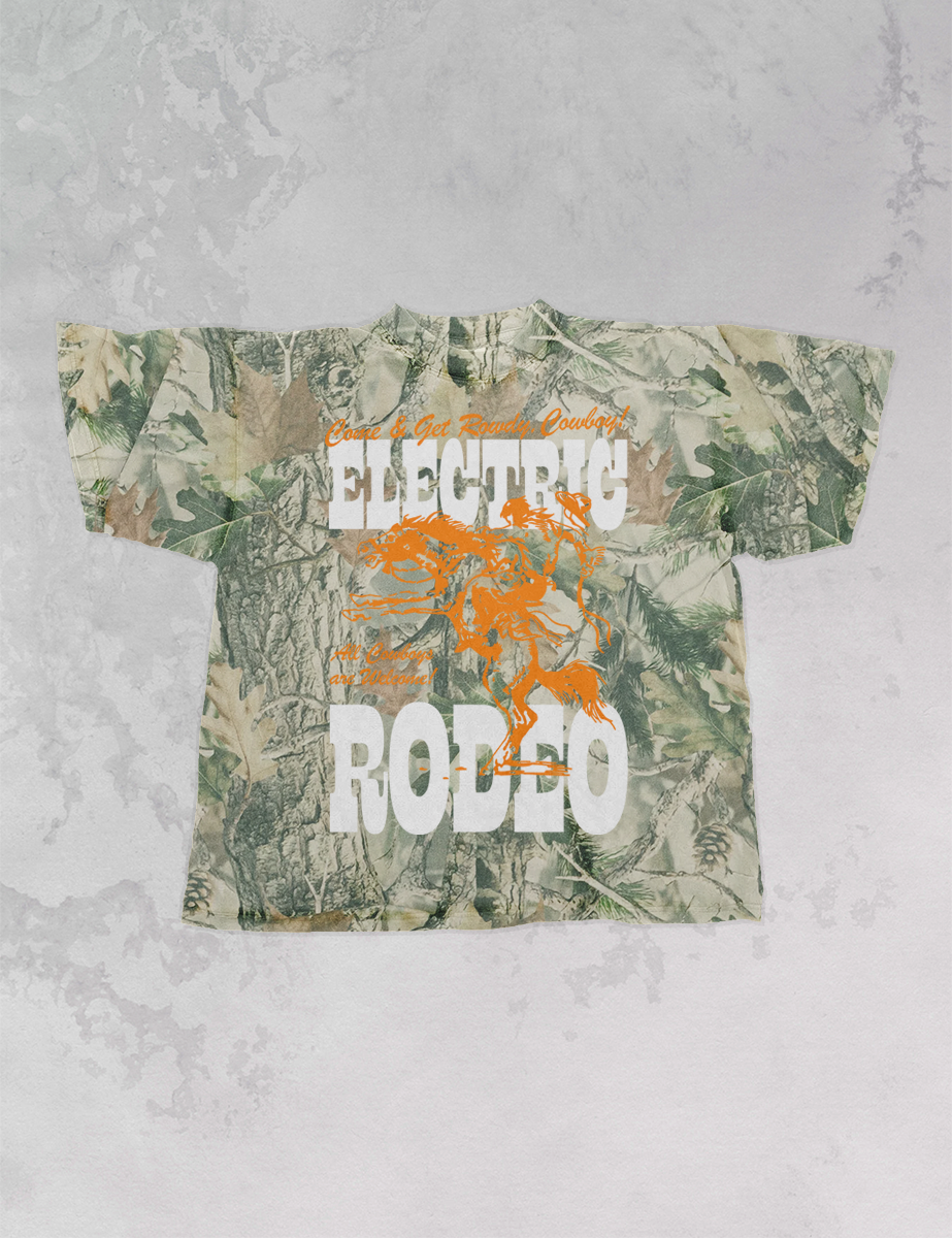 The Clandestine Underground - Wholesale T-shirt met print - Uniseks - Camo Elektrische Rodeo, Country Western Boxy Katoenen T-shirt0