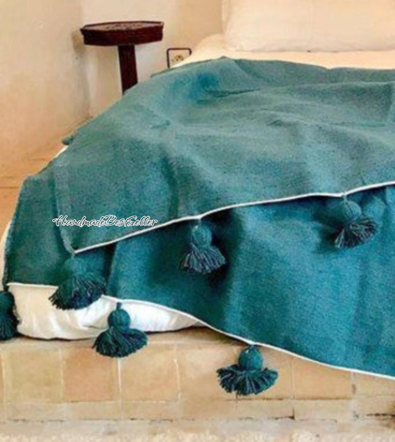 HandmadeBestSeller – wholesale Throw blanket – Handmade Emerald Green Moroccan Pom Pom Blanket 3