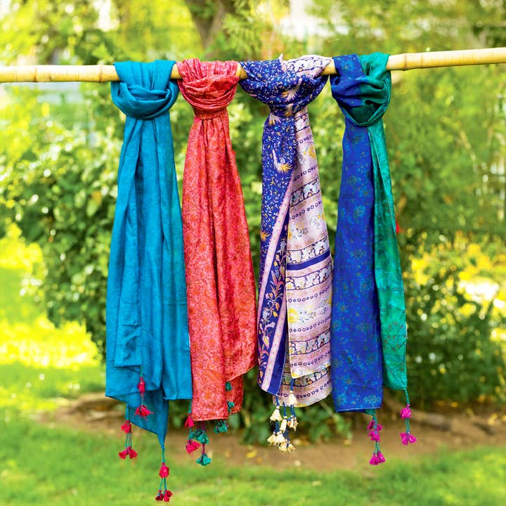 Sevya Handmade - Wholesale Scarf - Women's - Up-Cycled Silk Sari Tassel Scarves2