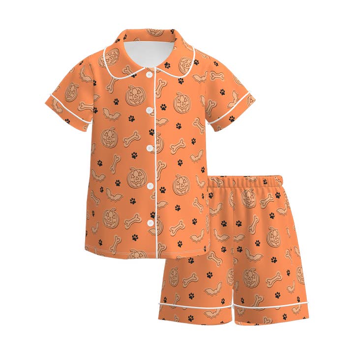 Auraquise - Wholesale Sleepwear Set - Kids - Girls Halloween Pumpkin Ghost Bow Pajamas 2 Pieces Set