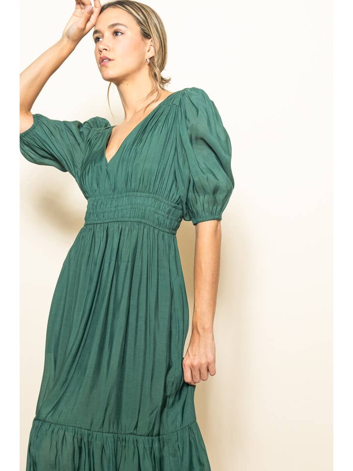 Elloh Collection - Wholesale Dress - Women's - Elegant Puff Sleeve V-Neck Dress with Lining5