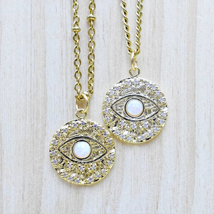 Opal Eye Coin Charm Necklace - Clear CZ Crystals Edge for wholesale by Ewelina Pas Jewelry