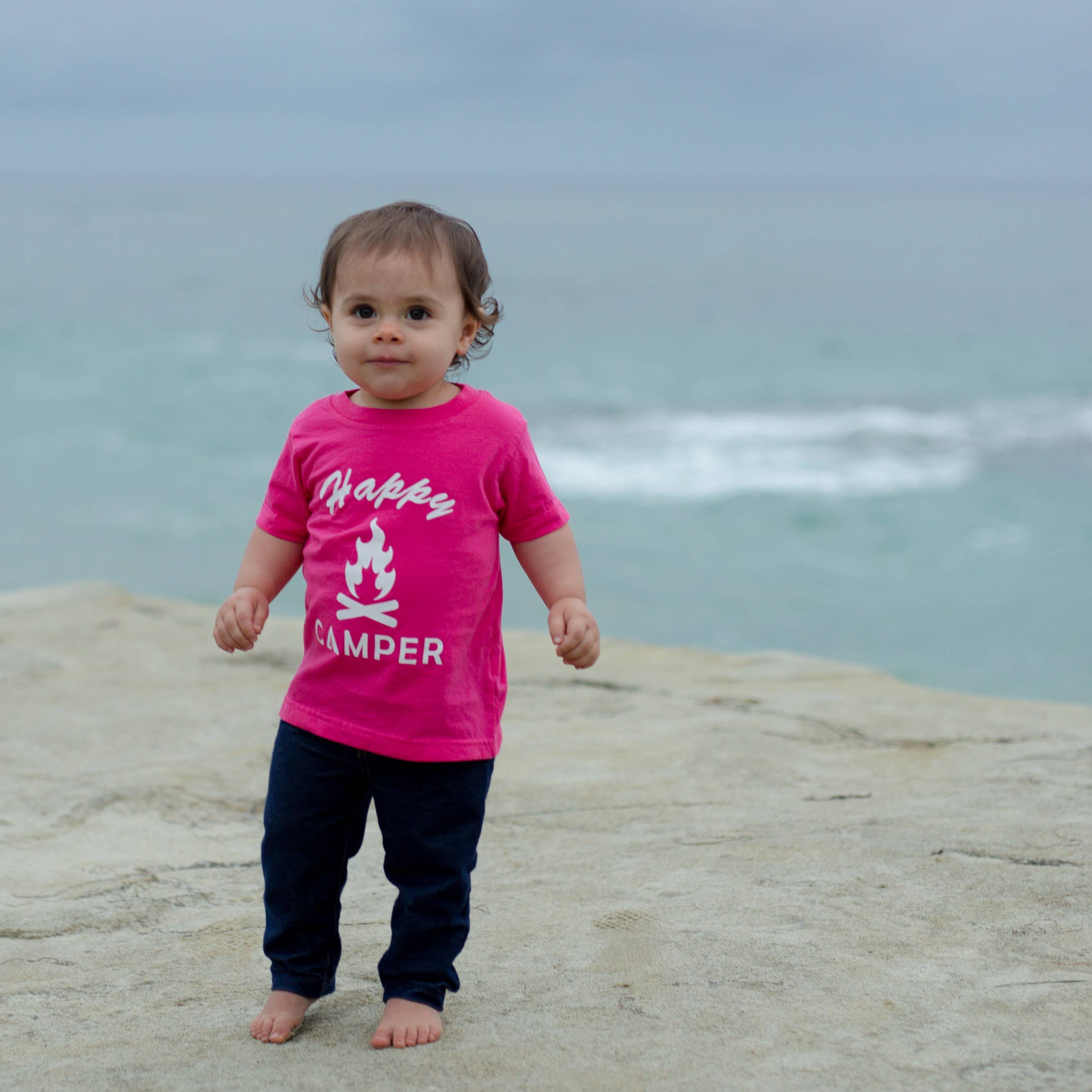 Outdoorable Apparel - Wholesale Screen Printed T-Shirt - Kids - Pink with White Happy Camper Toddler Shirt4