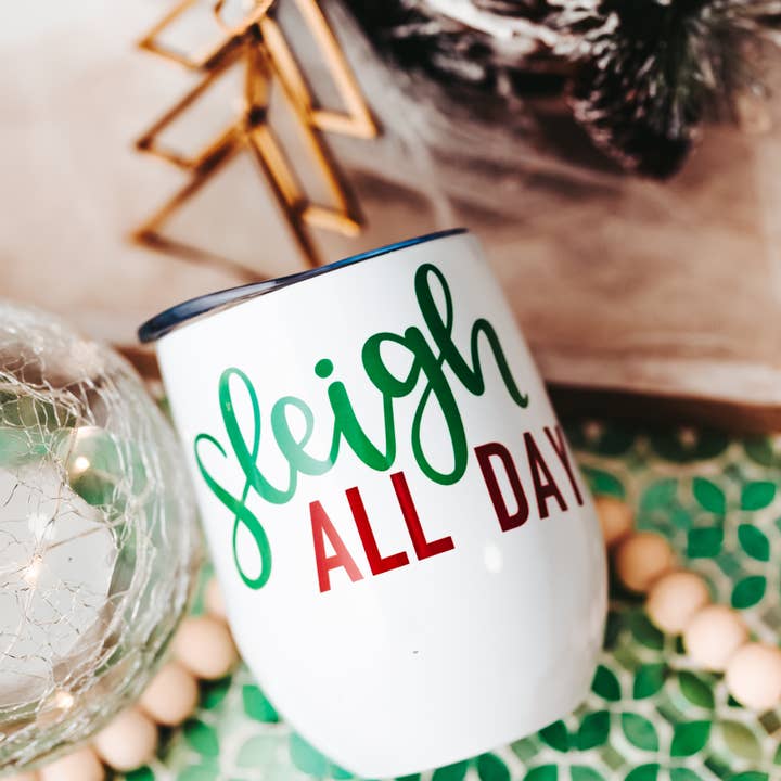 Sleigh All Day Christmas Wine Tumbler for wholesale by Salt and Sparkle