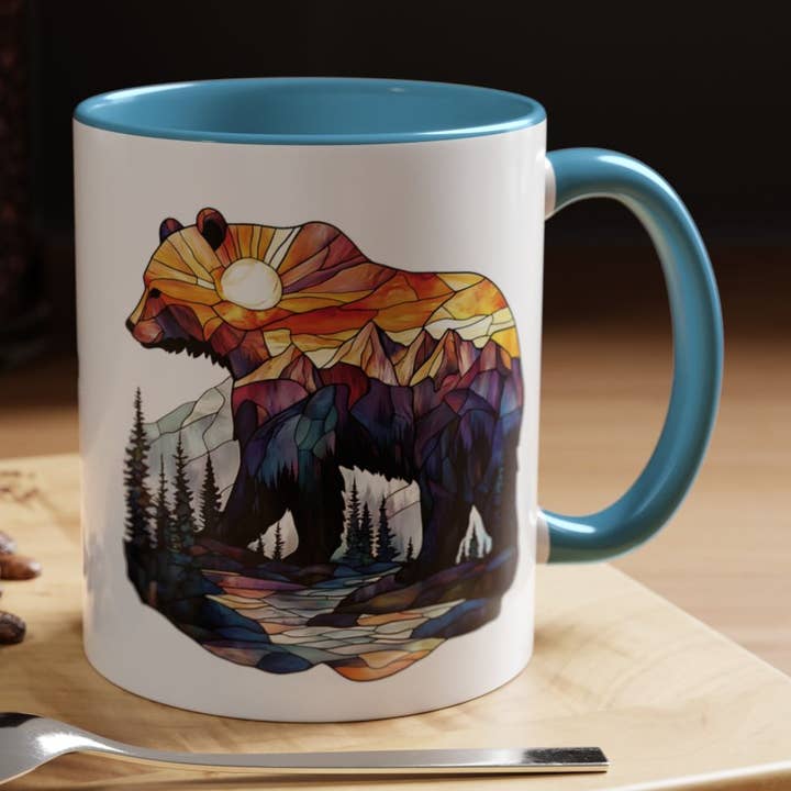 Stained Glass Bear Mug, Bear Coffee Mug, Tea Mug, Nature Mug for wholesale by Upside Down Owl Farm