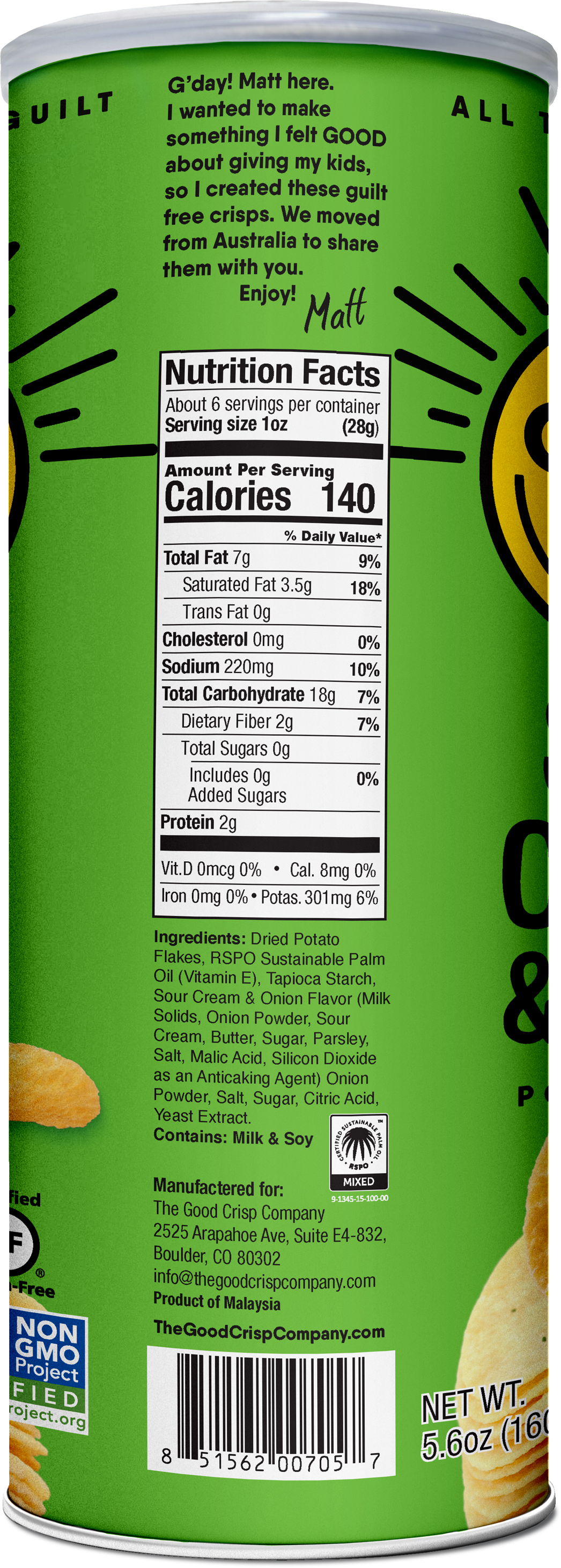 The Good Crisp Company - Wholesale Chips - Sour Cream & Onion Chips - 5.6oz Cans (Case of 8)2