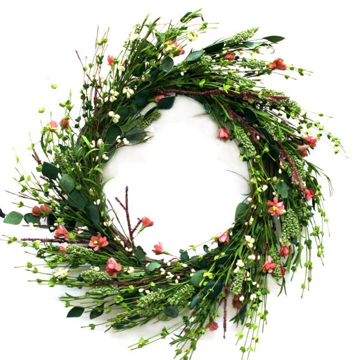 Mixed Flower Twig Base Wreath, Foam, 22 in, Cream, Mauve for wholesale by KMI International Corp.