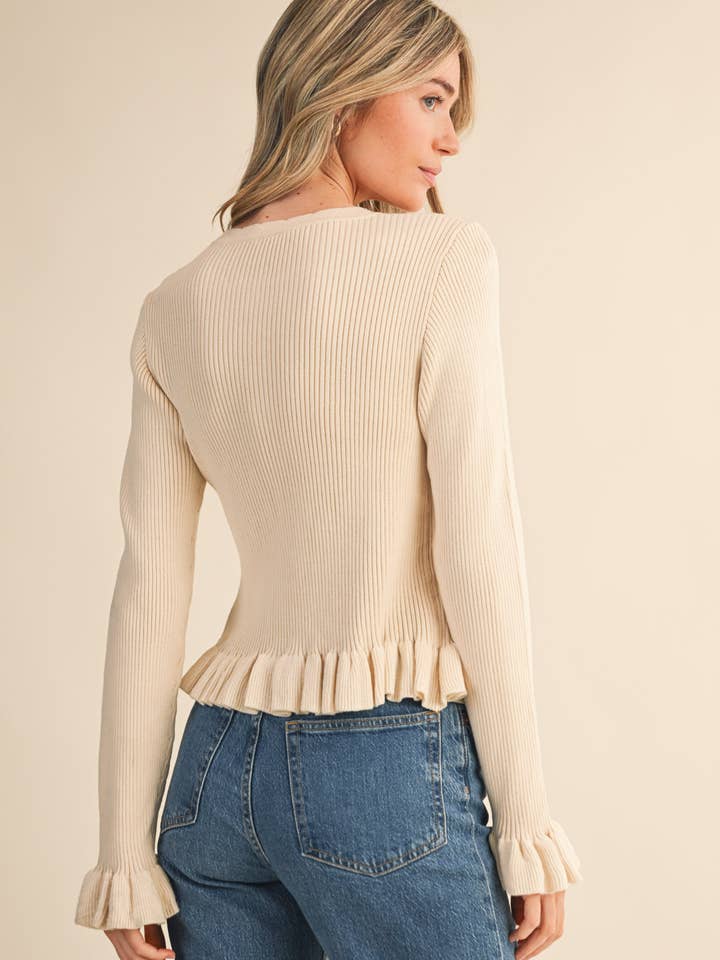 &MERCI - Wholesale Cardigan - Women's - RUFFLE HEM RIBBED KNIT SWEATER CARDIGAN MSW1124925