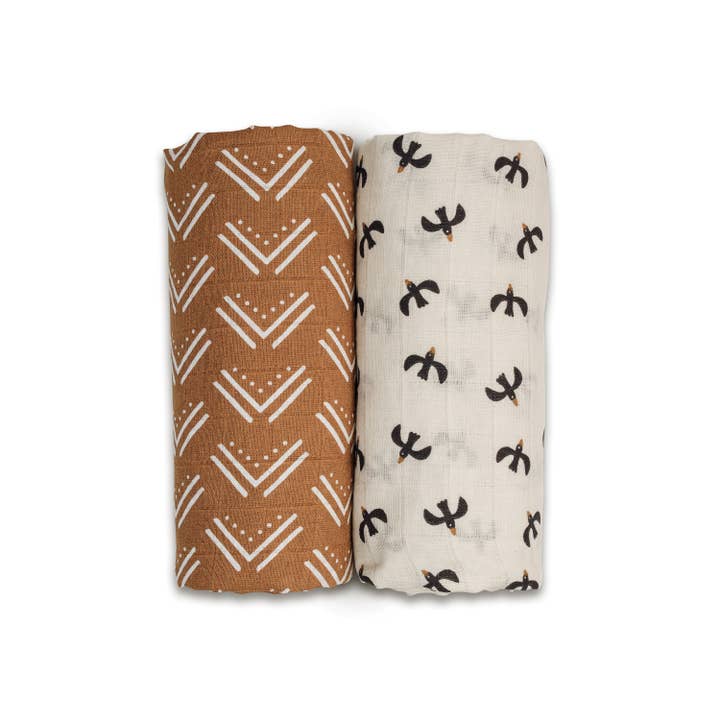 Lulujo - Wholesale Swaddle - Baby - 2-pack Cotton Swaddles - Mudcloth / Black Birds