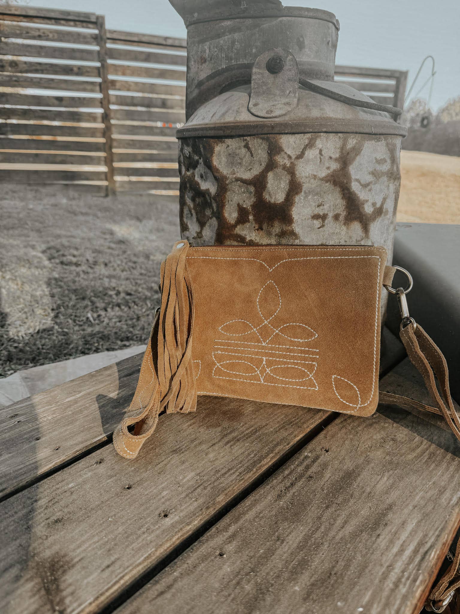 Texas Western Cowhide Bags and More - Wholesale Crossbody Bag - Women's - Boot Stitch Suede Leather Purse with Wristlet2