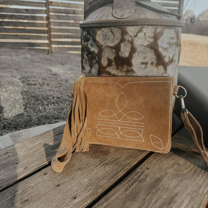 Texas Western Cowhide Bags and More - Wholesale Crossbody Bag - Women's - Boot Stitch Suede Leather Purse with Wristlet2