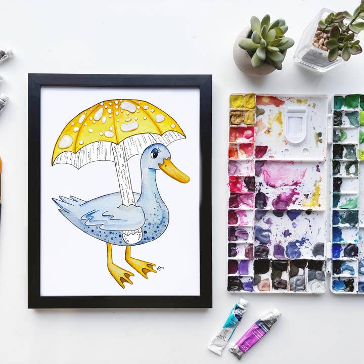 Impression aquarelle de canard sous un parapluie champignon – Art de jour de pluie pour la vente par Owlfeathers Watercolor