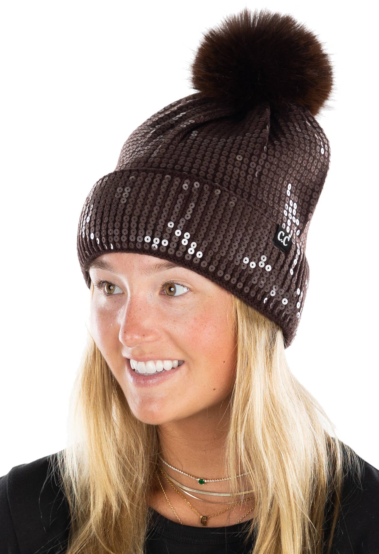 Funky Junque - Wholesale Beanie - Women's - Sequin Pom Beanie - Smooth Sequin - Brown