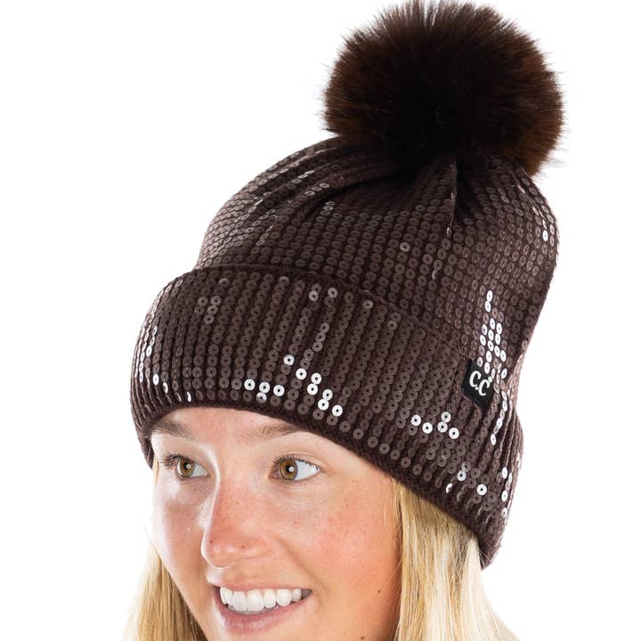 Funky Junque - Wholesale Beanie - Women's - Sequin Pom Beanie - Smooth Sequin - Brown0