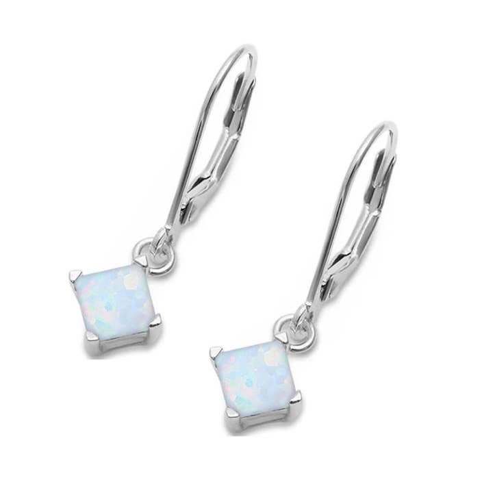 Princess Cut Leverback Earrings Lab Created White Opal for wholesale by Blue Apple Imports