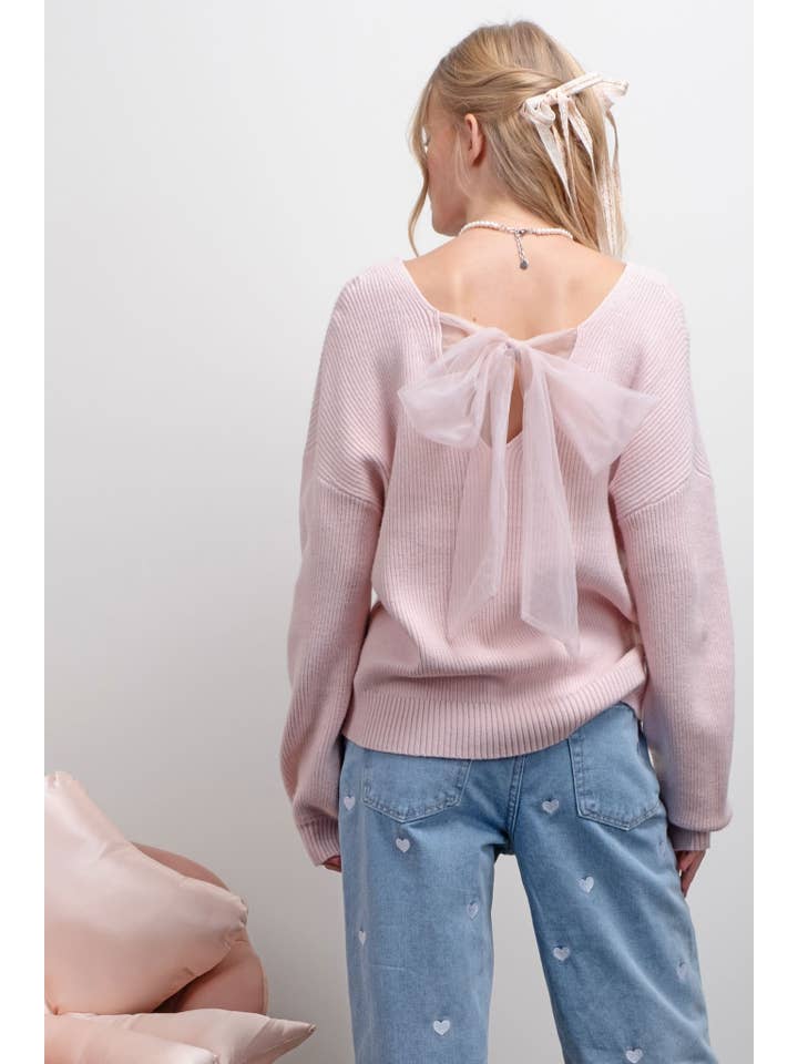 Blu Pepper - Wholesale Knit Sweater - Women's - V NECK DROP SHOULDER BACK BOW TIE DETAIL SWEATER