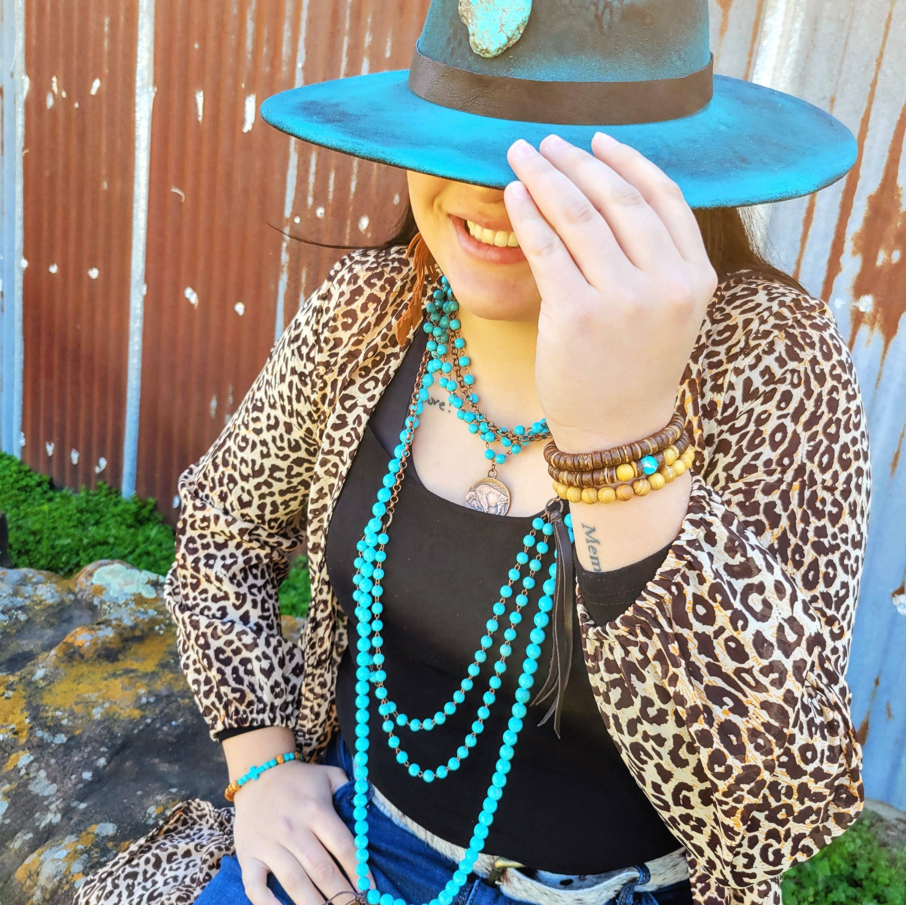 The Jewelry Junkie – wholesale Beaded/pearl necklace – Double Strand Blue Turquoise Beaded Necklace, Leather Tassel 252d2