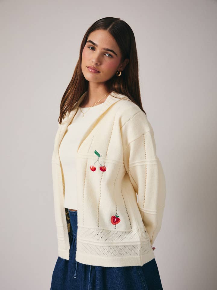 White LONG SLEEVE SWEATER CARDIGAN WITH FRUITS EMBROIDERY for wholesale on Faire0