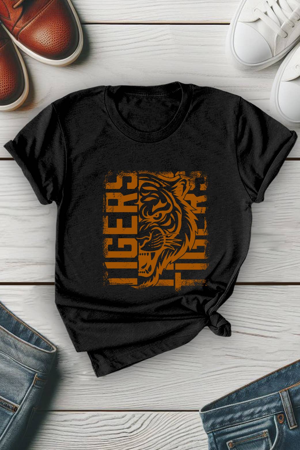 Top Avenue - Vendita all'ingrosso Maglietta stampata - Unisex - T-shirt unisex con scollo tondo con tigre invecchiata3