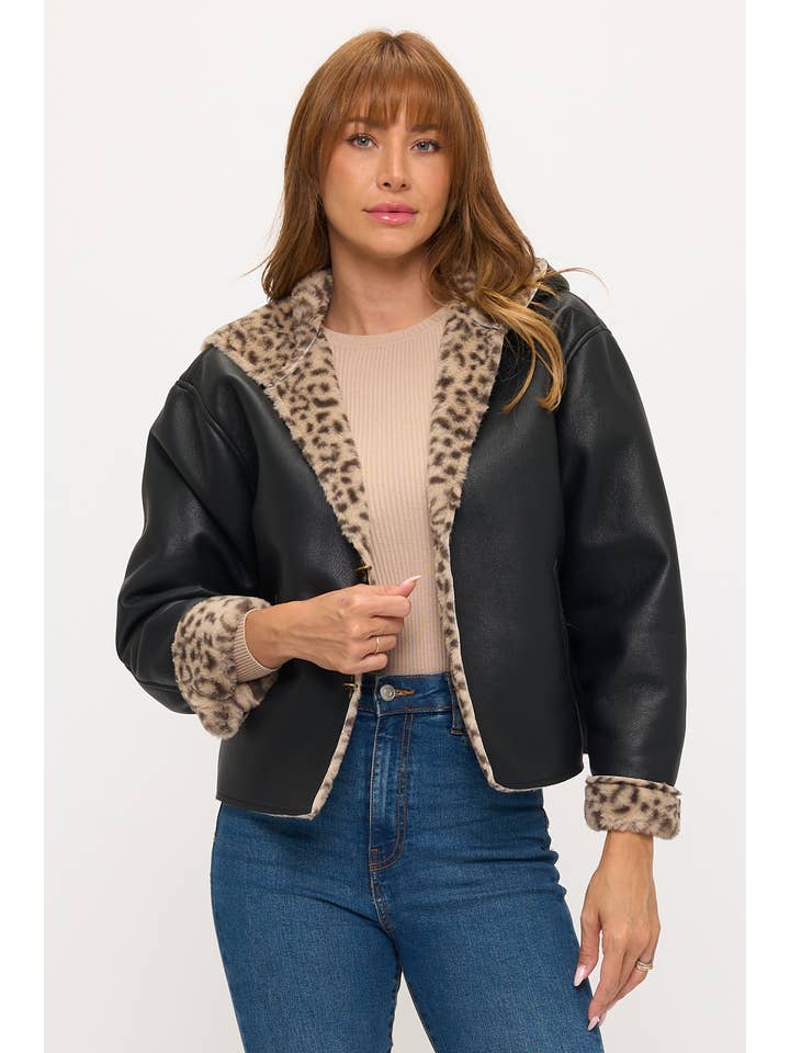 Coalition Apparel Inc - Wholesale Leather Jacket - Women's - CLALJ0055: Luxe Leopard Toggle Jacket0
